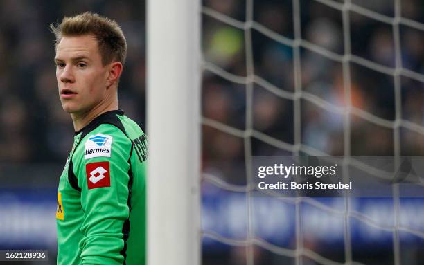 Goalkeeper Marc-Andre ter Stegen of Moenchengladbach looks on during the Bundesliga match between Hamburger SV and VfL Borussia Moenchengladbach at...