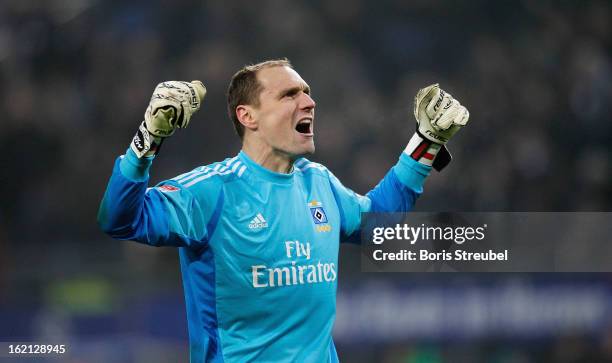 Jaroslav Drobny, goalkeeper of Hamburg celebrates after winning the Bundesliga match between Hamburger SV and VfL Borussia Moenchengladbach at Imtech...