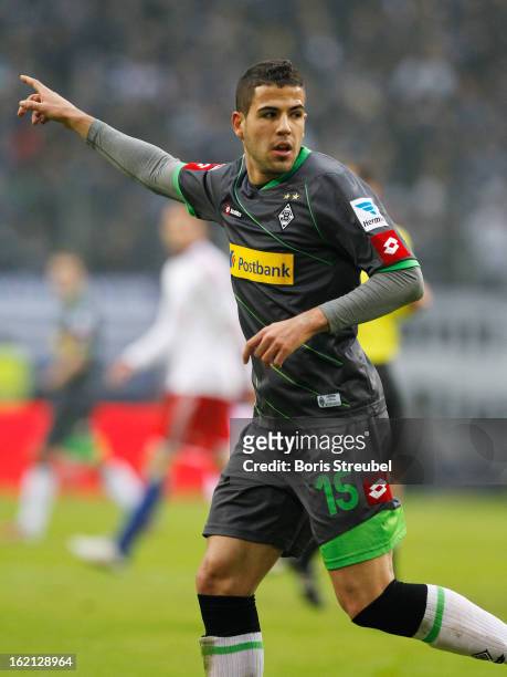 Alvaro Dominguez of Moenchengladbach gestures during the Bundesliga match between Hamburger SV and VfL Borussia Moenchengladbach at Imtech Arena on...