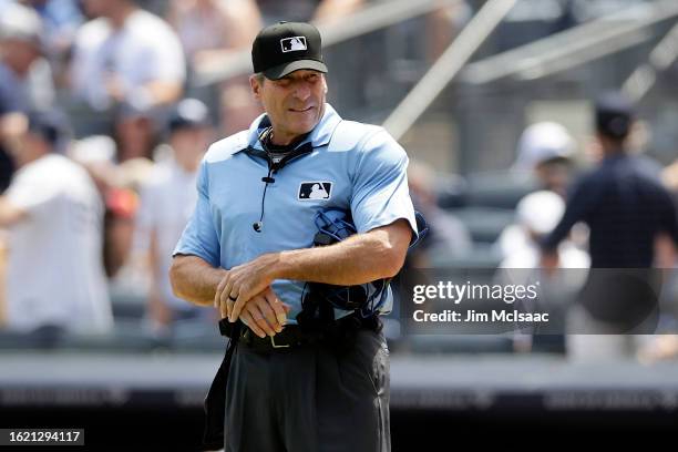 Home plate umpire Angel Hernandez works a game between the New York Yankees and the Houston Astros at Yankee Stadium on August 06, 2023 in the Bronx...