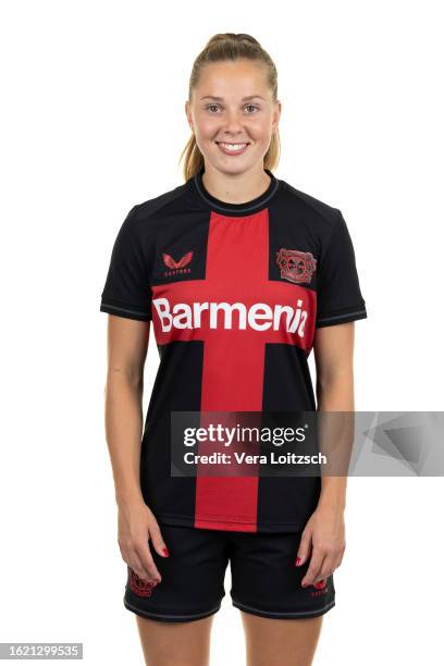 Janou Levels poses during the team presentation of Bayer 04 Leverkusen Women's at Bayarena on August 16, 2023 in Leverkusen, Germany.