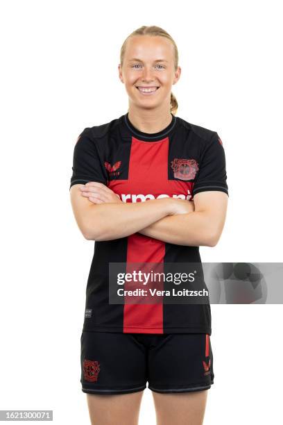 Cecilie Johansen poses during the team presentation of Bayer 04 Leverkusen Women's at Bayarena on August 16, 2023 in Leverkusen, Germany.