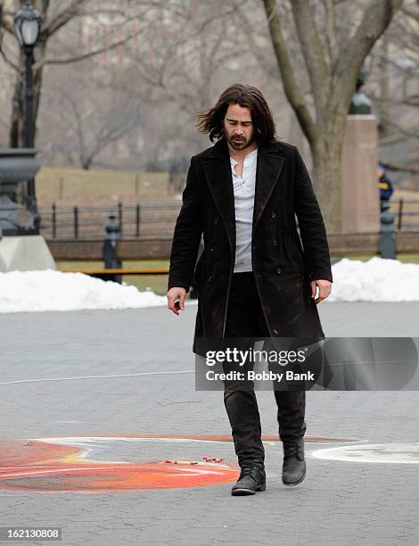 Colin Farrell filming on location for "Winter's Tale" on the streets of Manhattan on February 19, 2013 in New York City.