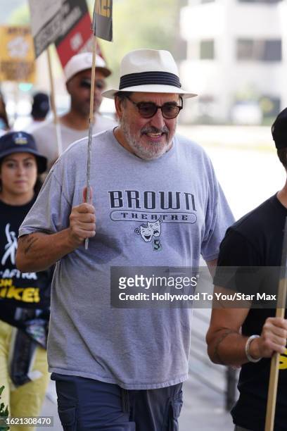 Alfred Molina walks the picket line in support of the SAG-AFTRA and WGA strike at Warner Bros. Studios on August 24, 2023 in Burbank, California.