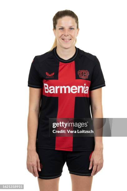 Lilla Turanyi poses during the team presentation of Bayer 04 Leverkusen Women's at Bayarena on August 16, 2023 in Leverkusen, Germany.