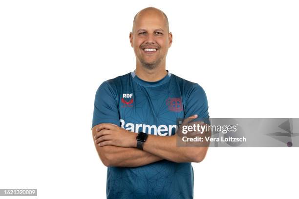 Robert De Pauw poses during the team presentation of Bayer 04 Leverkusen Women's at Bayarena on August 16, 2023 in Leverkusen, Germany.