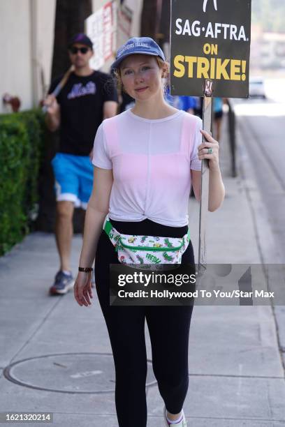 Molly Quinn walks the picket line in support of the SAG-AFTRA and WGA strike on August 24, 2023 at Warner Brothers Studios in Burbank, California.