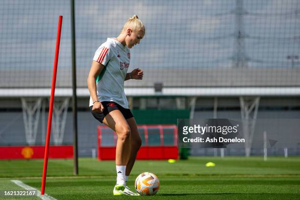 Maria Thorisdottir of Manchester United trains at Carrington Training Ground on August 17, 2023 in Manchester, England.