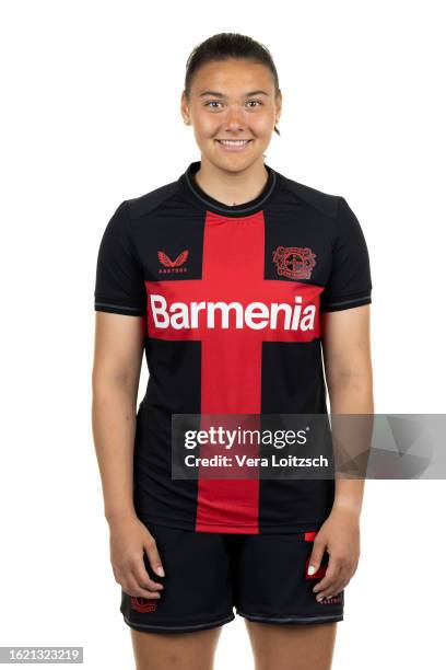 Clara Froehlich poses during the team presentation of Bayer 04 Leverkusen Women's at Bayarena on August 16, 2023 in Leverkusen, Germany.