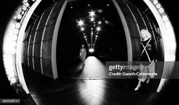 Models rehearse before the Ashish show as part of London Fashion Week Fall/Winter 2013/14 on February 19, 2013 in London, England.