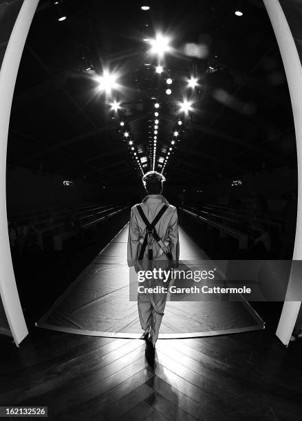 Models rehearse before the Ashish show as part of London Fashion Week Fall/Winter 2013/14 on February 19, 2013 in London, England.