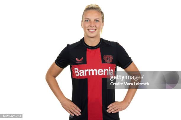 Melissa Friedrich poses during the team presentation of Bayer 04 Leverkusen Women's at Bayarena on August 16, 2023 in Leverkusen, Germany.