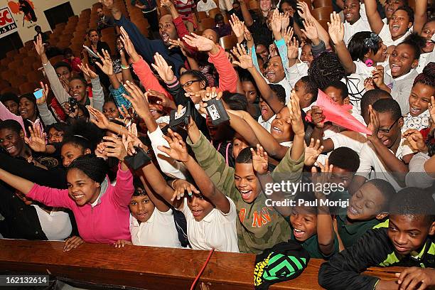 Browne Education Campus students cheer for Rocsi Diaz during the Get Schooled Victory Tour on February 19, 2013 in Washington, DC.