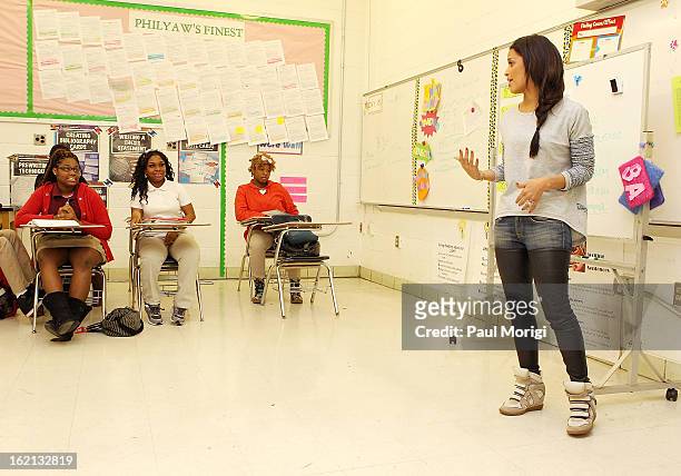Rocsi Diaz visits a Browne Education Campus classroom during the Get Schooled Victory Tour on February 19, 2013 in Washington, DC.