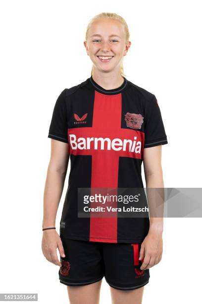 Caroline Siems poses during the team presentation of Bayer 04 Leverkusen Women's at Bayarena on August 16, 2023 in Leverkusen, Germany.