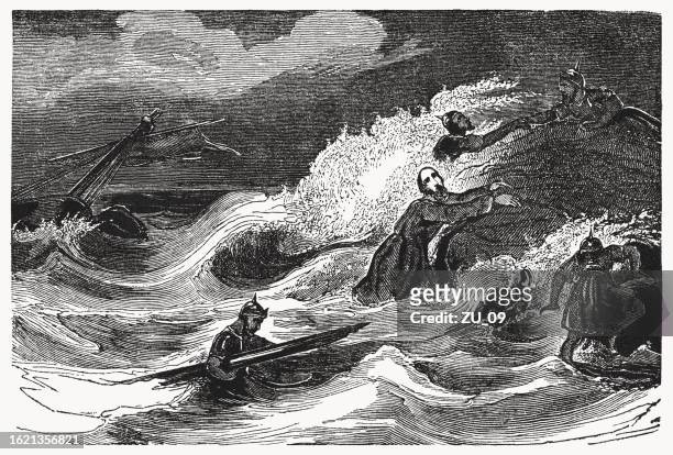 paul und der schiffbruch auf malta (apostelgeschichte 27), holzschnitt, 1837 - adriatic sea stock-grafiken, -clipart, -cartoons und -symbole