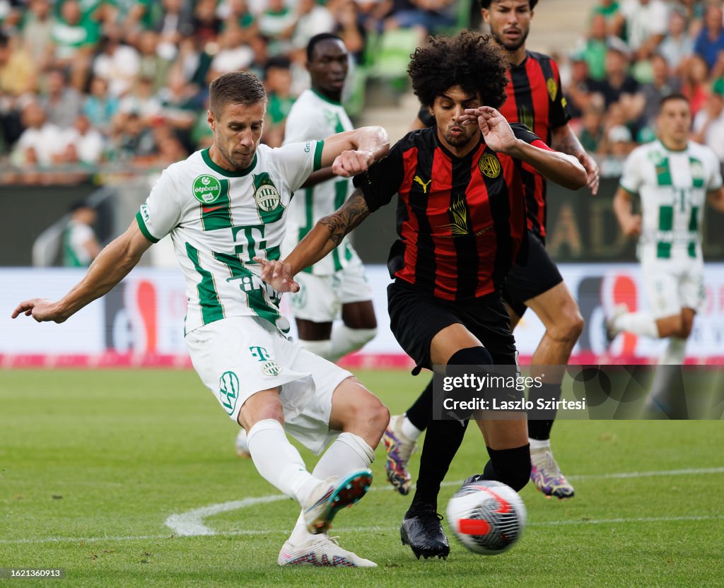 Barnabas Varga of Ferencvarosi TC shoots on goal beside Marcelina News  Photo - Getty Images