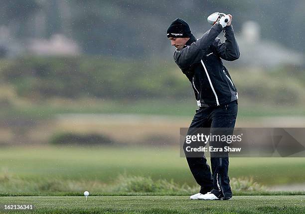 Mike Weir of Canada hits a shot during the second round of the AT&T Pebble Beach National Pro-Am at the Monterey Peninsula Country Club on February...