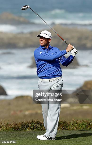 Chez Reavie hits a shot during the second round of the AT&T Pebble Beach National Pro-Am at the Monterey Peninsula Country Club on February 8, 2013...