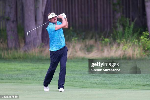 Jeff Overton looks on from the 18th hole during the first round of the Magnit Championship at Metedeconk National Golf Club on August 17, 2023 in...