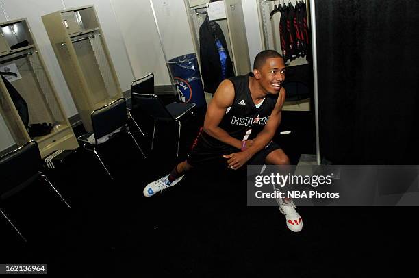 Nick Cannon of the East team stretches during the Sprint NBA All-Star Celebrity Game in Sprint Arena at Jam Session during the NBA All-Star Weekend...