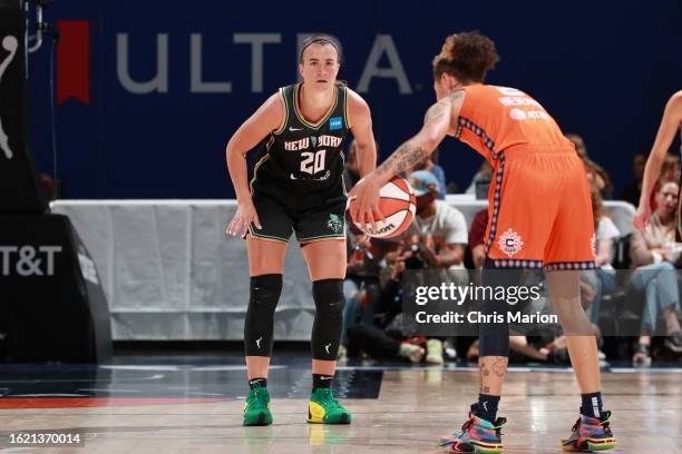 Sabrina Ionescu of the New York Liberty plays defense during the game against the Connecticut Sun on August 24, 2023 at the Mohegan Sun Arena in...