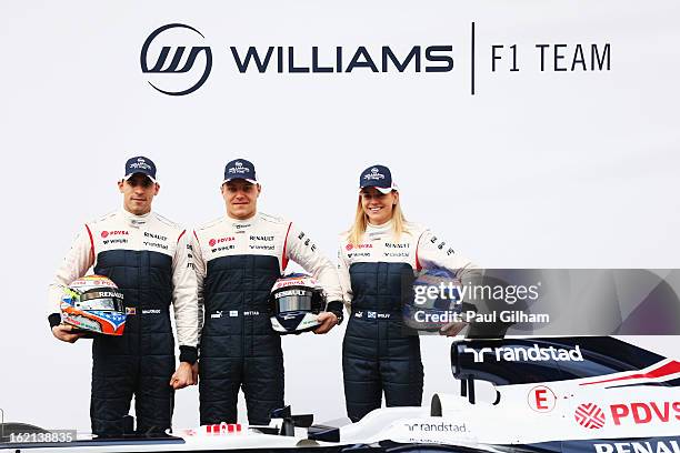 Pastor Maldonado of Venezuela, Valtteri Bottas of Finland and Susie Wolff of Great Britain attend the Williams launch during day one of F1 Testing at...