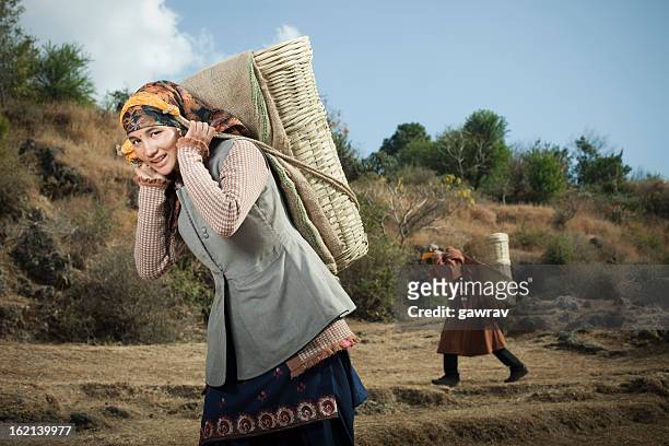 people of himachal pradesh: beautiful young woman carrying basket - himachal pradesh stock pictures, royalty-free photos & images