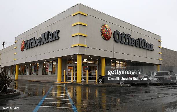 View of an Office Max store on February 19, 2013 in San Francisco, California. Shares for Office Max and Office Depot surged today after it was...