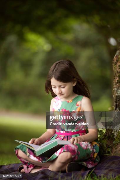 six-year-old girl reading in the park - sleeveless dress stock pictures, royalty-free photos & images