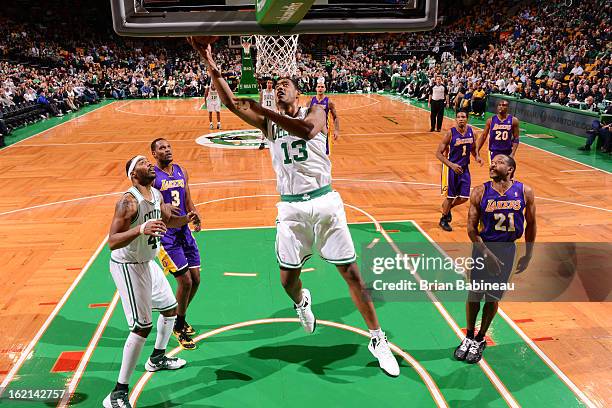 Fab Melo of the Boston Celtics drives to the basket against the Los Angeles Lakers on February 7, 2013 at the TD Garden in Boston, Massachusetts....