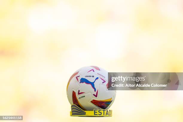 Detailed view of the LaLiga Puma Orbita 2 match ball is seen prior to the LaLiga EA Sports match between Villarreal CF and Real Betis at Estadio de...