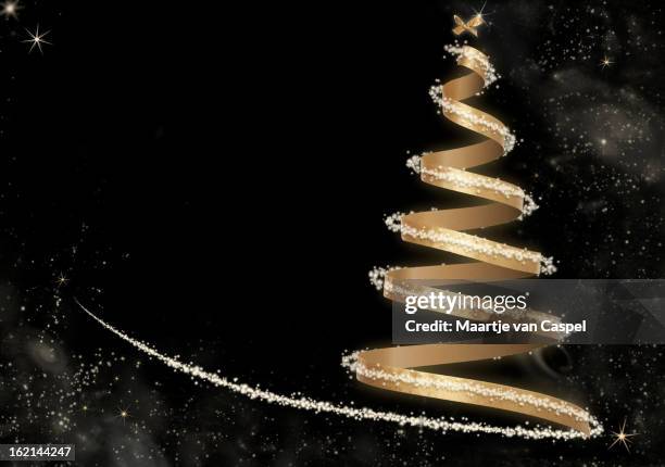 abstract golden christmas tree card - black ribbon stock pictures, royalty-free photos & images