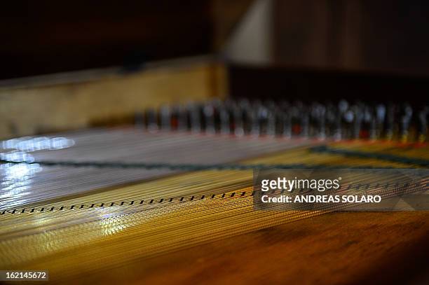 Detail of a 1813 London Square piano made by Italian Muzio Clementi, known as the "Father of the Piano," taken at the museum of the "Magnifica...