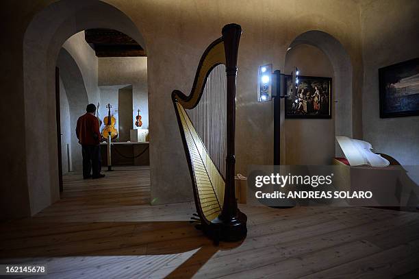 Man looks at violoncello at the museum of the "Magnifica Comunità di Fiemme" Palace in Cavalese, northern Italy, on February 19, 2013. The fine...