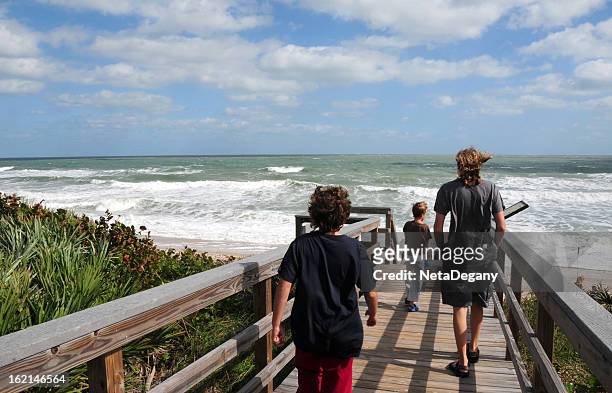 three brothers walking towards the ocean, cape canaveral  national seashore - beach florida family stockfoto's en -beelden