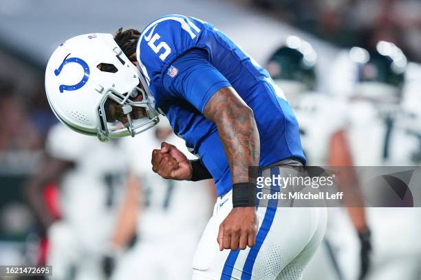 Anthony Richardson of the Indianapolis Colts reacts against the Philadelphia Eagles in the first half of the preseason game at Lincoln Financial...