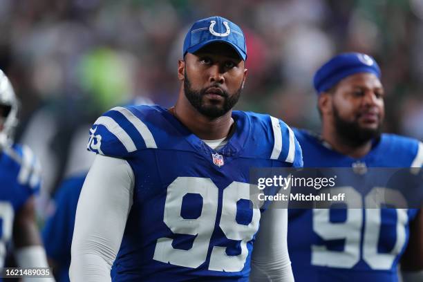 DeForest Buckner of the Indianapolis Colts walks to the locker room after the first half of the preseason game against the Philadelphia Eagles at...