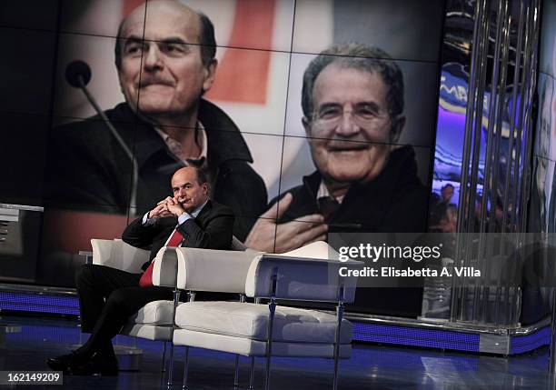 Pier Luigi Bersani, leader of the Italian centre-left Democratic Party attends 'Porta A Porta' TV Show while a portrait of Romano Prodi is displayed...