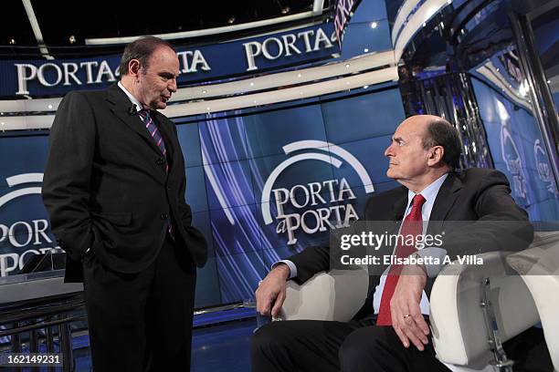 Presenter Bruno Vespa and Pier Luigi Bersani, leader of the Italian centre-left Democratic Party attend 'Porta A Porta' TV Show on February 19, 2013...