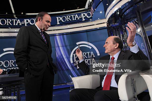 Presenter Bruno Vespa and Pier Luigi Bersani, leader of the Italian centre-left Democratic Party attend 'Porta A Porta' TV Show on February 19, 2013...