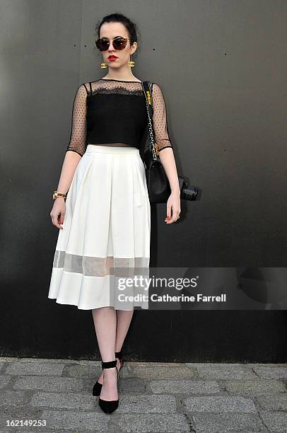 Arabella Golby Student at Oxford University wearing a monochromatic look comprising a shower of hail top from Topshop, cream skirt with inset organza...