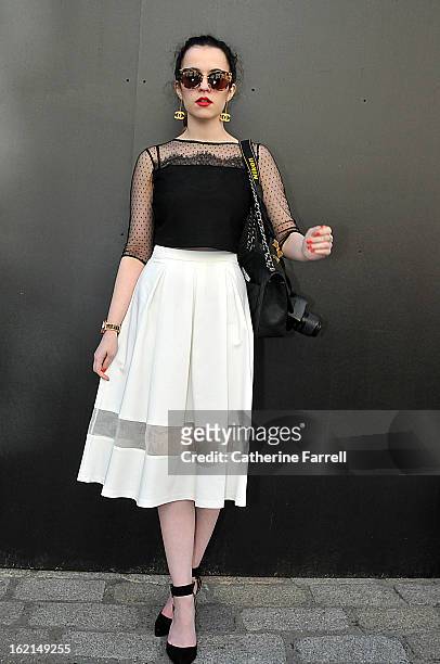 Arabella Golby Student at Oxford University wearing a monochromatic look comprising a shower of hail top from Topshop, cream skirt with inset organza...