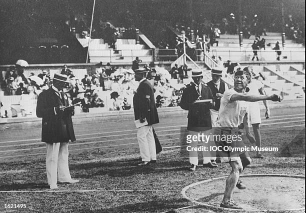 James Thorpe of the USA throwing the discus in the Decathlon event during the 1912 Olympic Games in Stockholm, Sweden. Thorpe won the gold medal in...