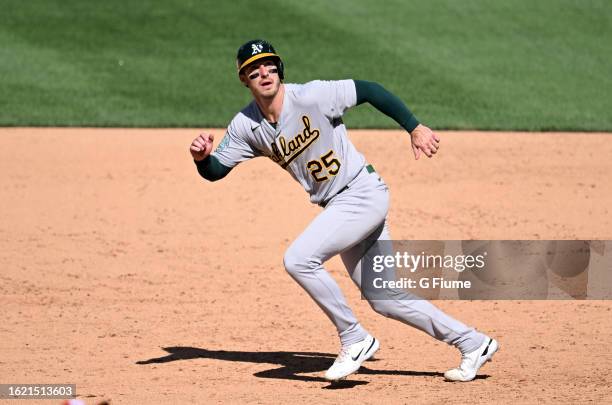 Brent Rooker of the Oakland Athletics takes a lead off of first base against the Washington Nationals at Nationals Park on August 13, 2023 in...