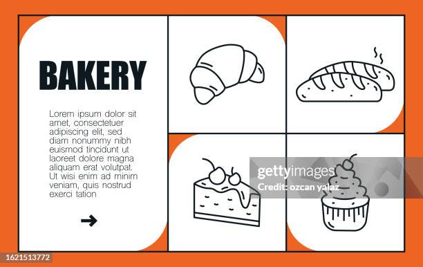 bakery  line icon set and banner design. oven , flour , bead , chef , mixer , cake - artisanal food and drink stock illustrations