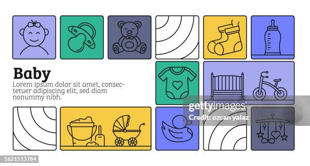 baby line icon set and banner design - child in space suit stock illustrations