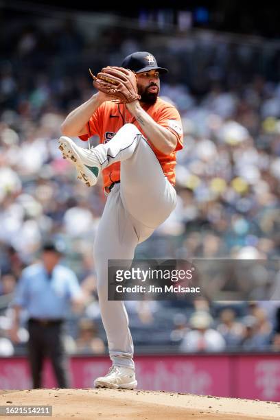 Jose Urquidy of the Houston Astros in action against the New York Yankees at Yankee Stadium on August 06, 2023 in the Bronx borough of New York City....
