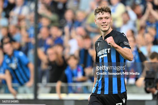 Andreas Skov Olsen of Club Brugge celebrating after scoring a goal during the Uefa Conference League third qualifiyng round , first leg game in the...