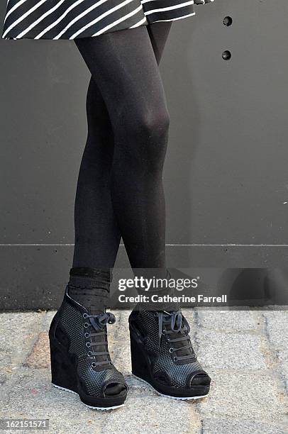 Student Lindzey Cortner wearing an Assymetric striped skirt from Argen B accessorised with River Island shoes at London Fashion Week Fall/Winter...